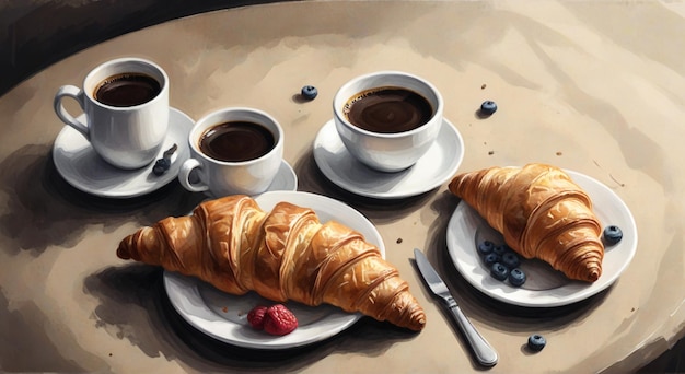 Photo a painting of coffee cups and a croissant on a table