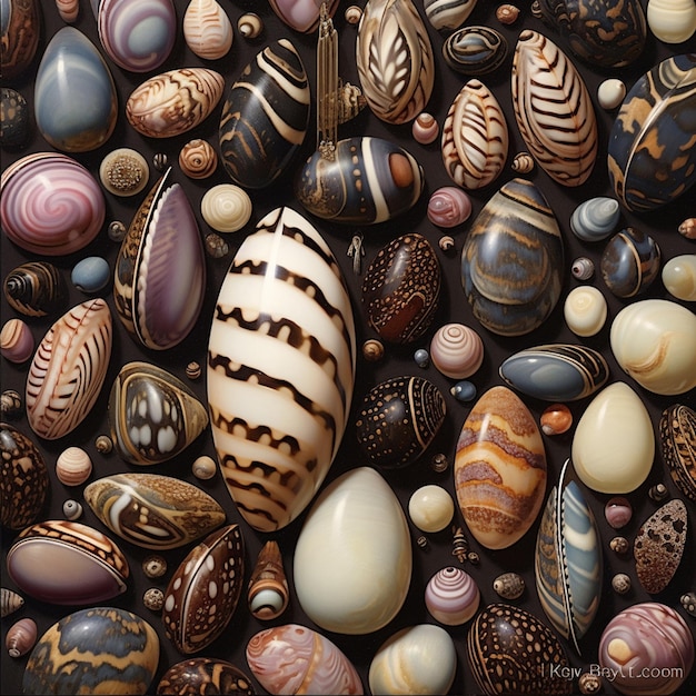 A painting of a collection of shells with the word " sea " on the bottom.