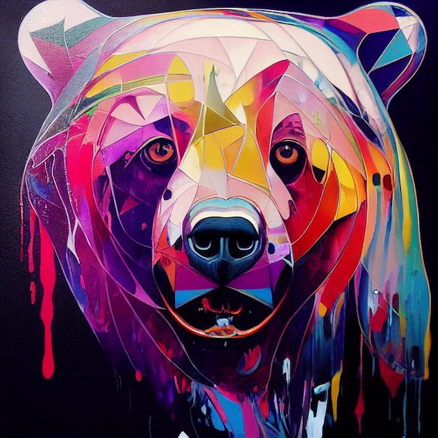 Painting of a colorful bear on a black background generative ai