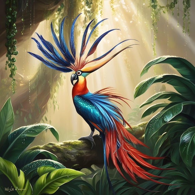 a painting of a colorful bird with a long tail