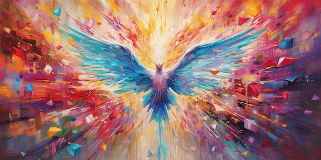 Painting of a colorful bird with wings in a colorful background generative ai