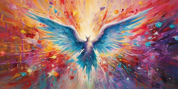 Painting of a colorful bird with wings spread out generative ai