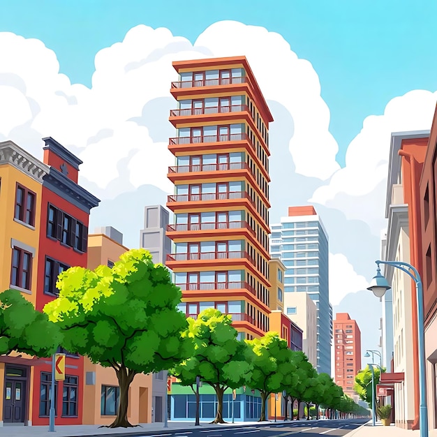 Photo a painting of a colorful buildings with a sky background