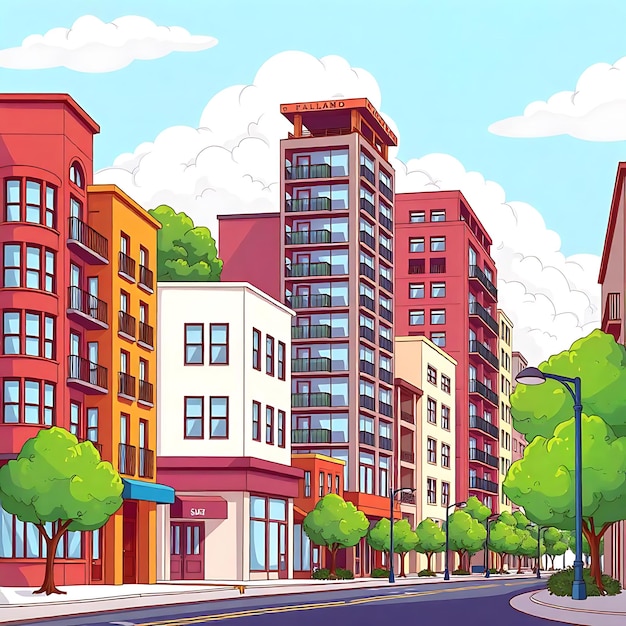 a painting of a colorful buildings with a sky background