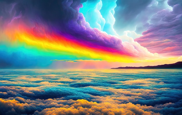 painting of colorful clouds over a body of water