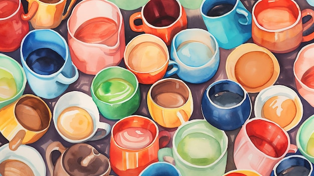 A painting of colorful cups of coffee