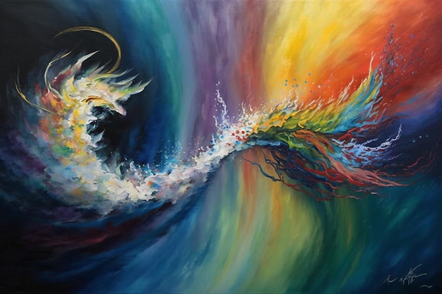 painting of a colorful dragon flying through a rainbow colored sky generative ai