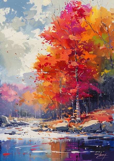 painting of a colorful fall scene with a river and trees generative ai