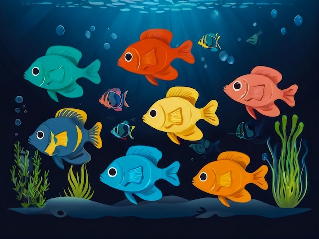 a painting of colorful fish and the fish below the surface