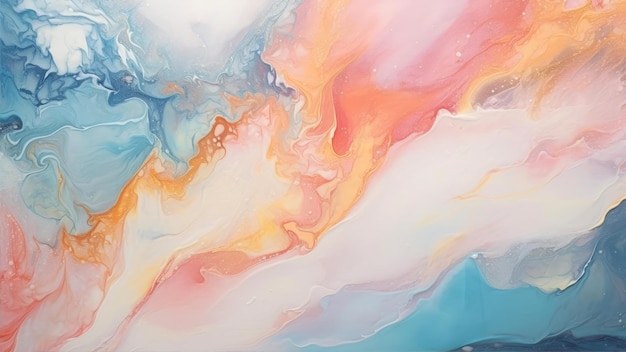 A painting of a colorful fluid painting with a pink and blue swirls.