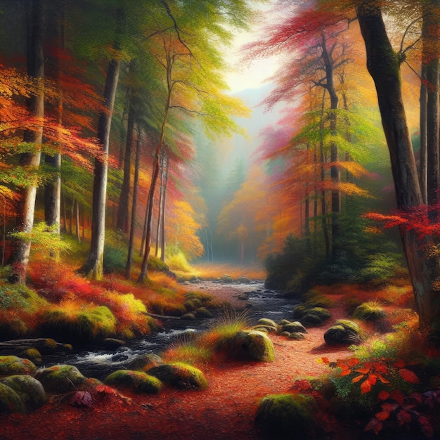 A painting of a colorful forest in autumn