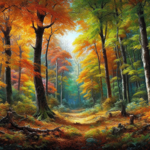 A painting of a colorful forest in autumn