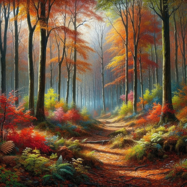 A painting of a colorful forest in autumn