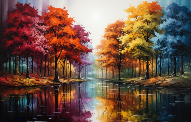 painting of a colorful forest with a river and trees generative ai