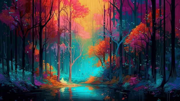 painting of a colorful forest with a stream and a person in the middle generative ai