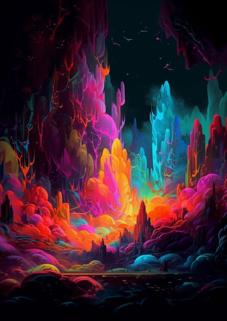 A painting of a colorful landscape with a mountain and a river generative ai