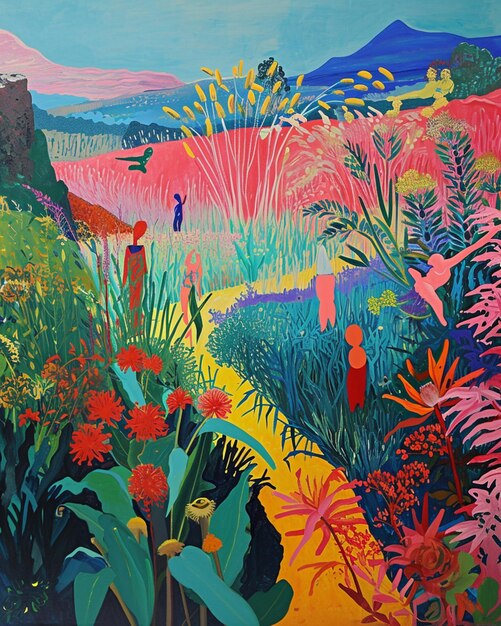 painting of a colorful landscape with a person walking through it generative ai