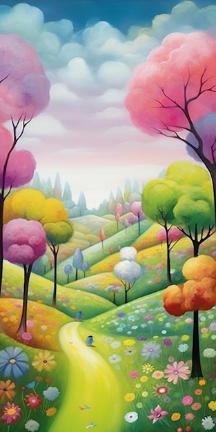 painting of a colorful landscape with trees and flowers generative ai