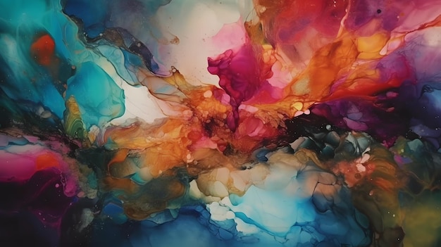 A painting of a colorful liquid with the word art on it