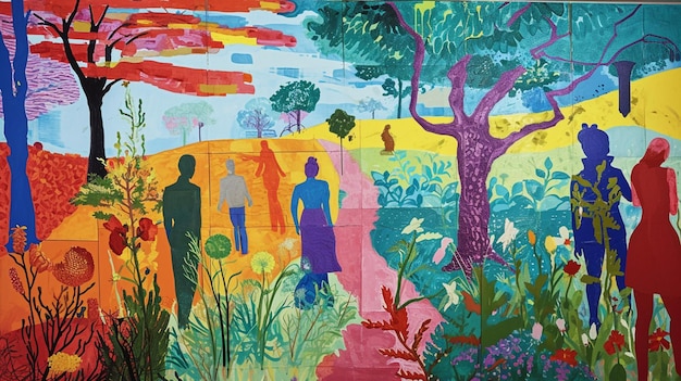 painting of a colorful mural of people walking in a park generative ai