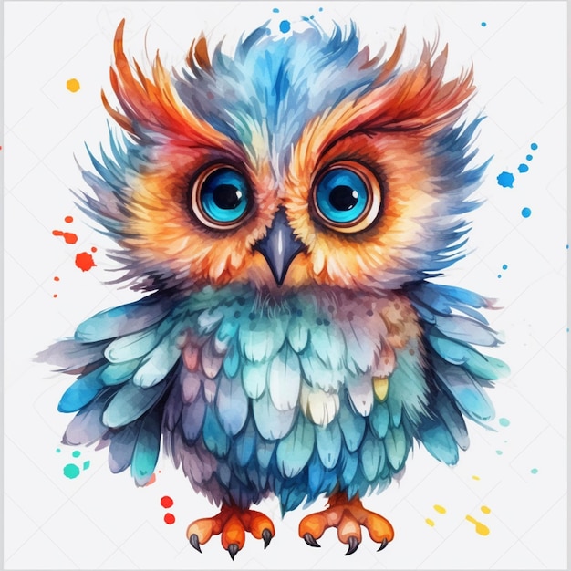 Painting of a colorful owl with big eyes and a bright blue beak generative ai