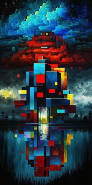 Painting of colorful picture building with sky background generative ai