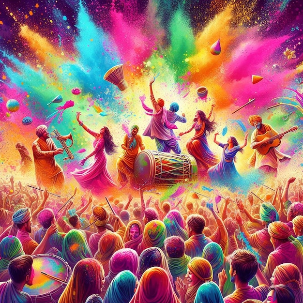 a painting of a colorful scene with people dancing in the background Holi celebration Indian joyful