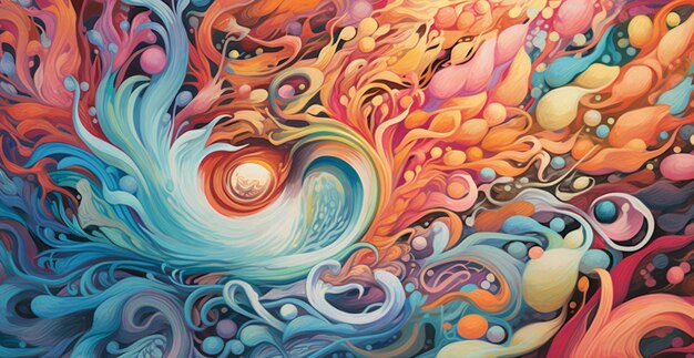 Painting of a colorful swirly painting with a large white ball generative ai