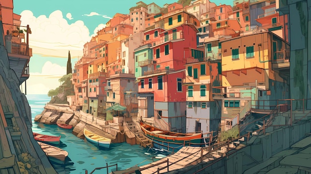 A painting of a colorful town with a boat in the water.