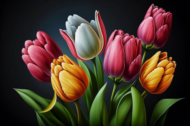 A painting of colorful tulips on a dark background.