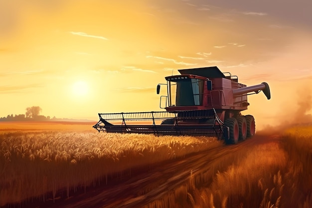 A painting of a combine harvester in a field at sunset.