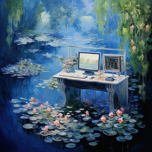 a painting of a computer and a computer on a table