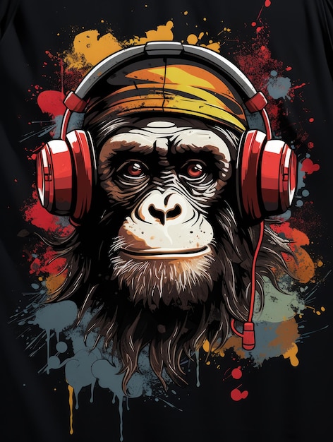 a painting cool ape with headphones nodding to the rhythm of the music