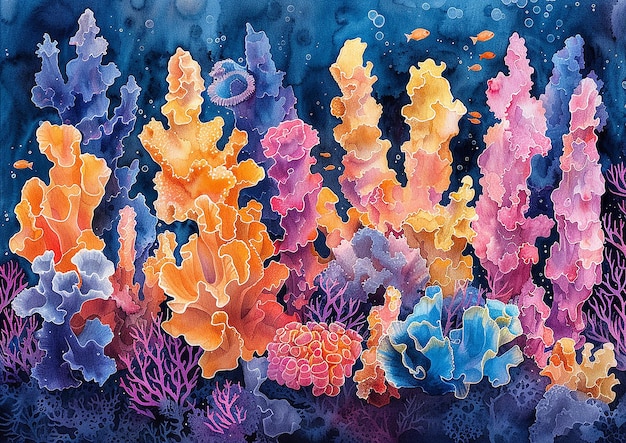 a painting of a coral reef with anemones