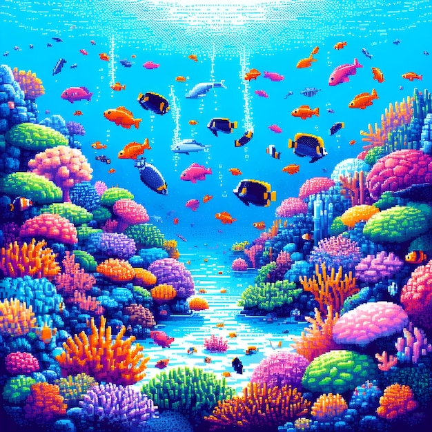 a painting of a coral reef with a clown fish swimming in it