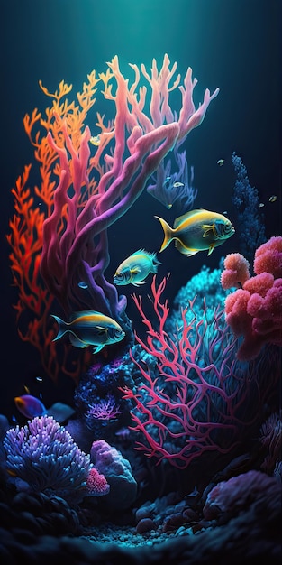 A painting of a coral reef with fish and a blue background.