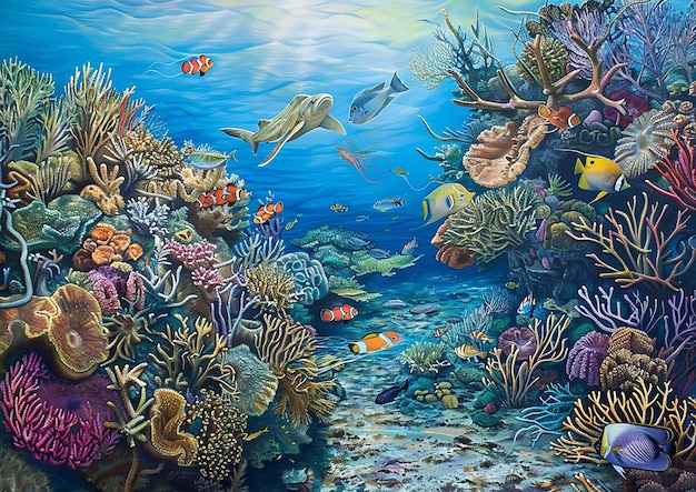 a painting of a coral reef with fish and corals