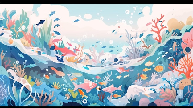 A painting of a coral reef with fish and corals.