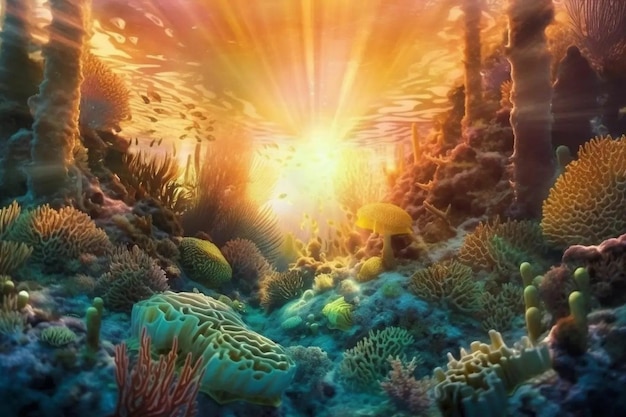 A painting of a coral reef with a fish swimming in the water.