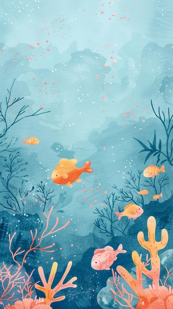 a painting of a coral reef with goldfish and corals