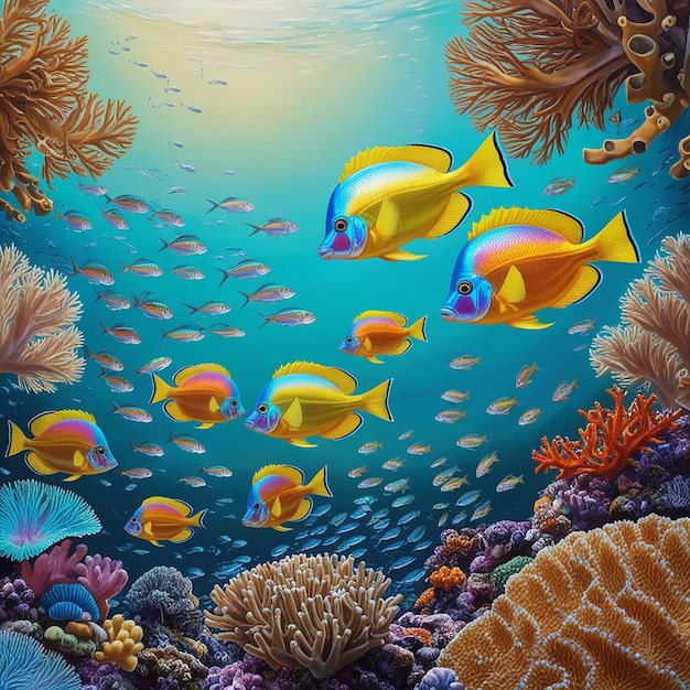 a painting of a coral reef with many tropical fish