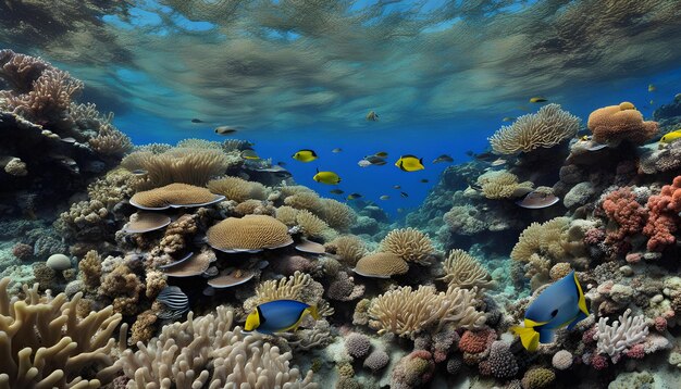 a painting of a coral reef with a school of fish and coral