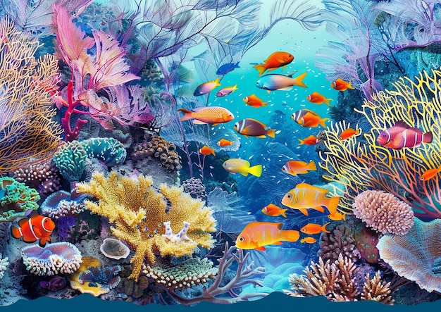 a painting of a coral reef with tropical fish and corals