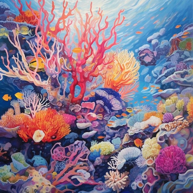 painting of a coral reef with a variety of colorful corals generative ai