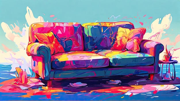 a painting of a couch with a colorful pattern on it