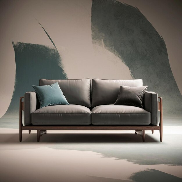 a painting of a couch with pillows and a painting of a ship on the wall