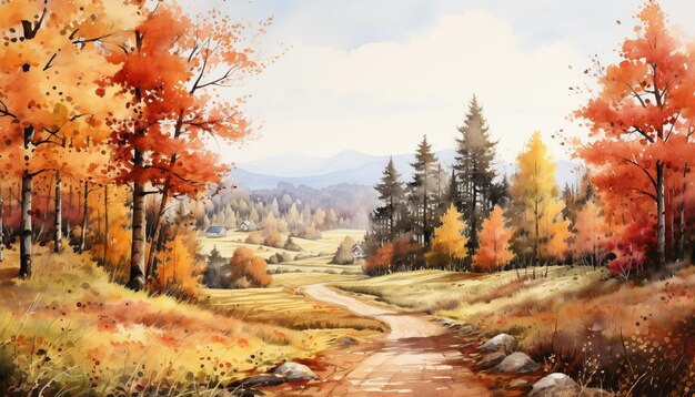 painting of a country road in the fall with trees and grass generative ai