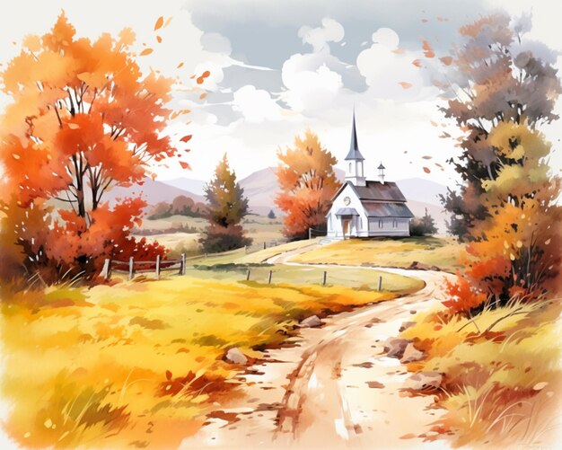 painting of a country road leading to a church in the fall generative ai