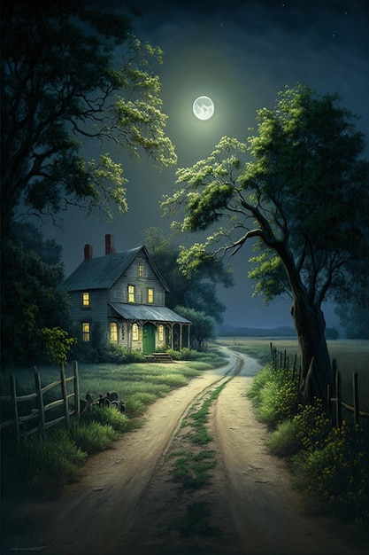 A painting of a country road with a house on the left side and the moon in the background.