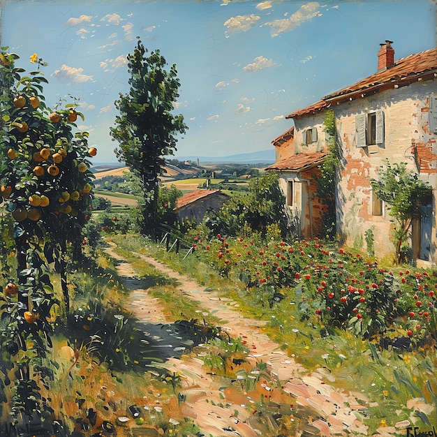 a painting of a country road with a house and trees